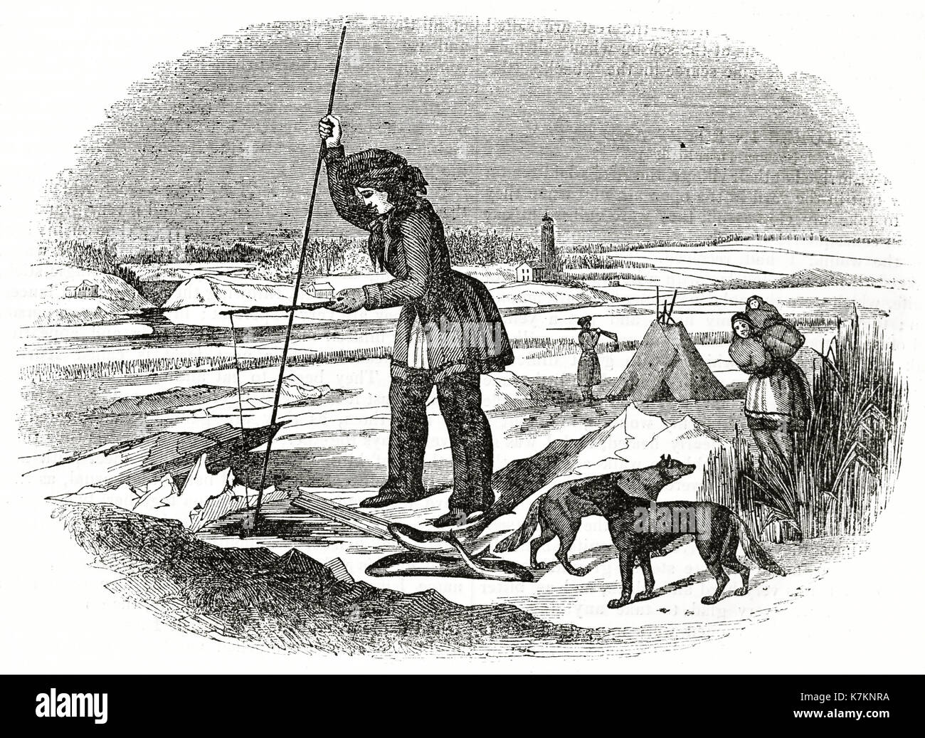 Vecchio vista di Chippewa nativo americana la pesca nel ghiaccio. Da autore non identificato, publ. su Penny Magazine, London, 1837 Foto Stock