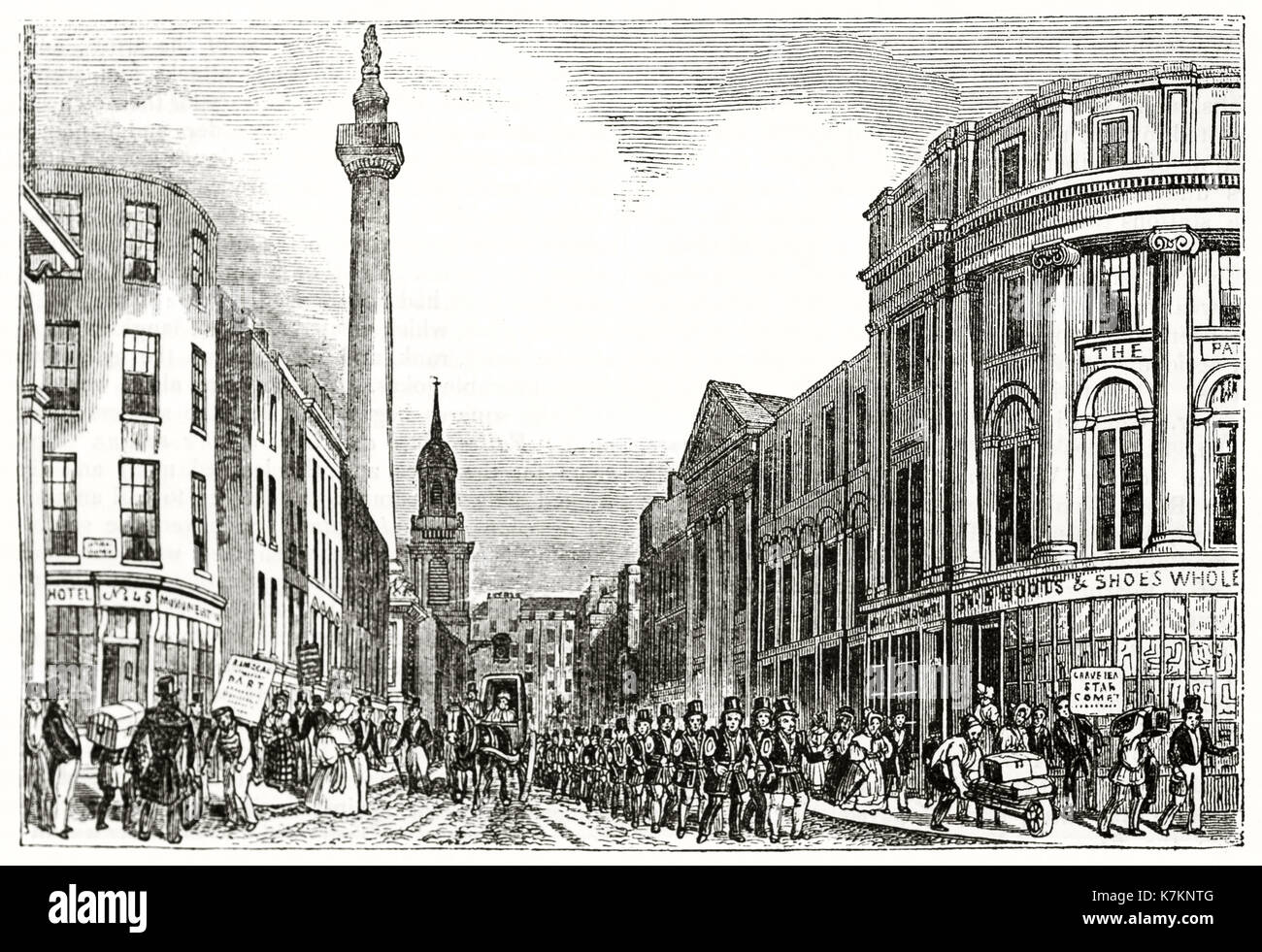 Vista vecchia di pesce Street Hill e il monumento al Grande Incendio di Londra. Da autore non identificato, publ. su Penny Magazine, London, 1837 Foto Stock