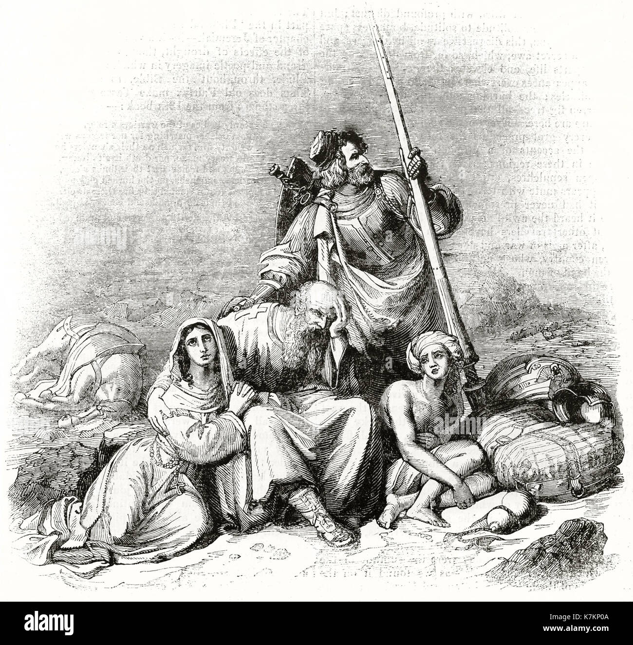 Vecchia illustrazione raffigura un gruppo di pellegrini nel deserto. Da autore non identificato, publ. su Penny Magazine, London, 1837 Foto Stock