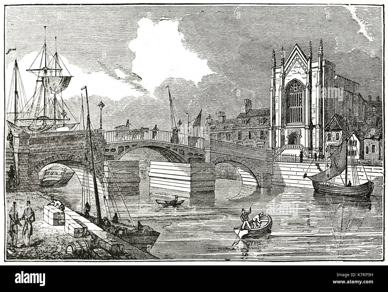 Vecchio vista del nuovo ponte e la chiesa della Santa Trinità, Weymouth, Regno Unito. Da autore non identificato, publ. su Penny Magazine, London, 1837 Foto Stock