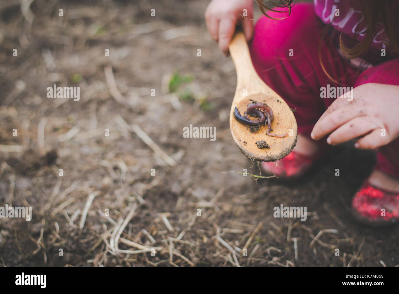 Un bambino gioca con una vite senza fine su un cucchiaio di legno in un giardino. Foto Stock