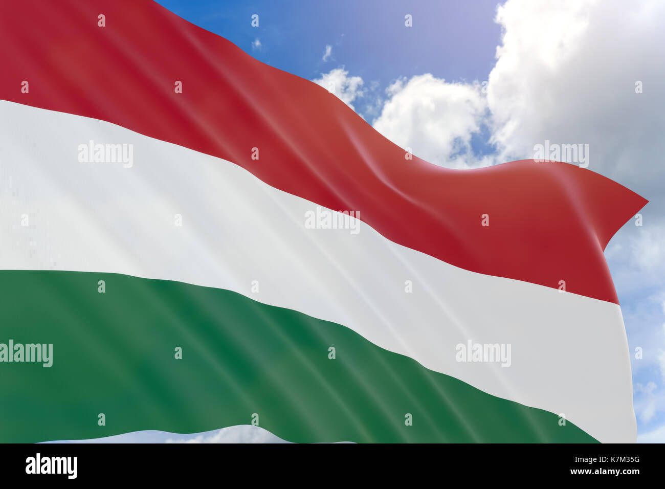 3D rendering di Ungheria bandiera sventola sul cielo azzurro sfondo, Ungheria è un paese senza sbocco sul mare in Europa centrale e il suo capitale è Budapest, 15 marzo è na Foto Stock