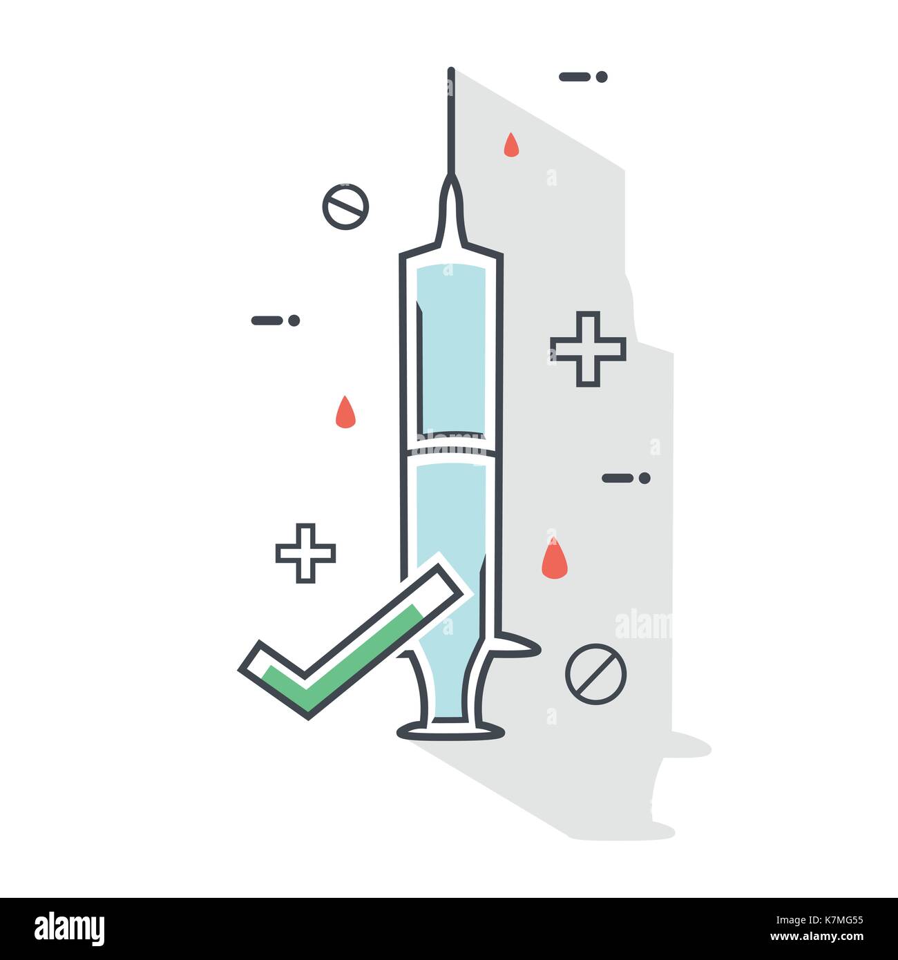 Una siringa di piatto icona e un segno di spunta di colore verde marchio di approvazione. Illustrazione Vettoriale