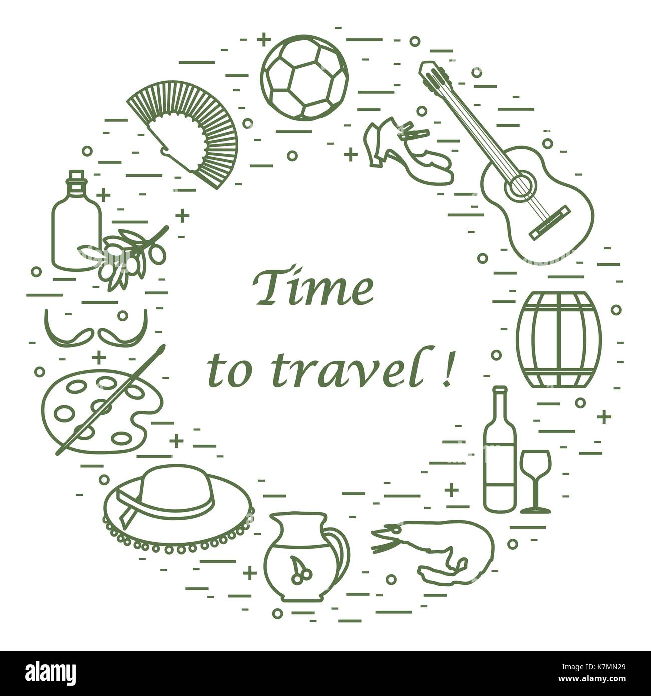 Illustrazione vettoriale con vari simboli di Spagna disposti in un cerchio. viaggi e tempo libero. design per banner, poster o di stampa. Illustrazione Vettoriale