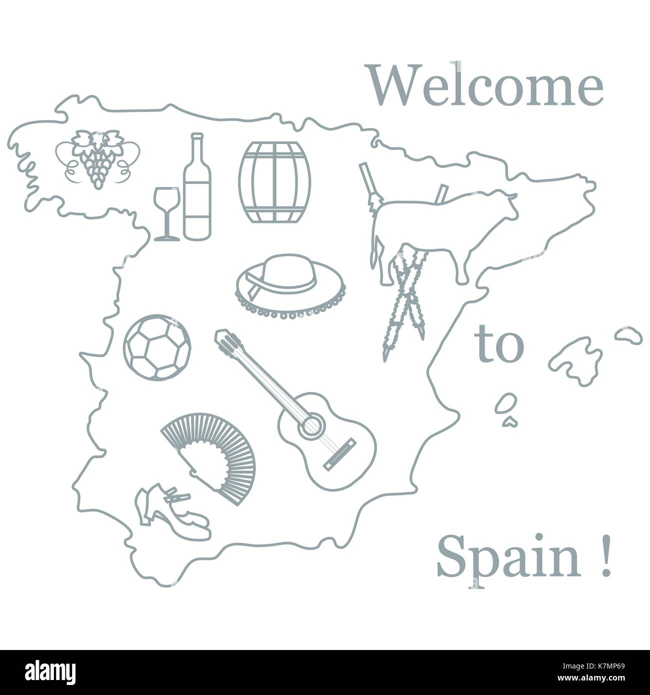 Illustrazione vettoriale con vari simboli della Spagna. viaggi e tempo libero. design per banner, poster o di stampa. Illustrazione Vettoriale