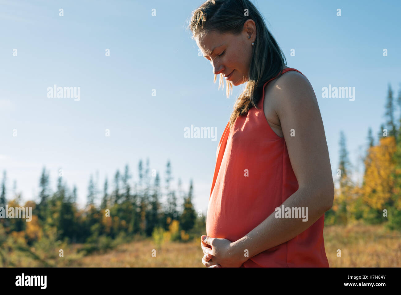 Giovane donna incinta che tiene il ventre in abito arancione in piedi all'aperto nella natura selvaggia svedese Foto Stock