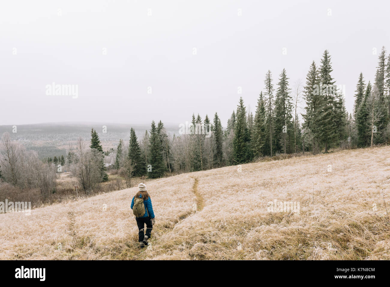 Giovane donna che camminano sul sentiero attraverso il campo aperto in un paesaggio gelido Foto Stock