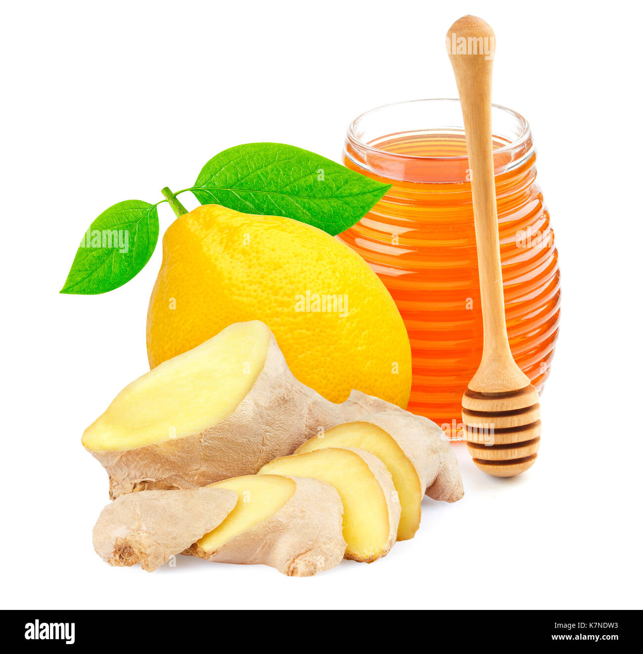 Il miele, lo zenzero e il limone isolati su sfondo bianco Foto Stock