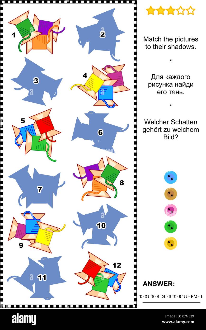 Visual puzzle: abbinare le immagini colorate di steli di cucitura per le loro ombre. risposta inclusa. Illustrazione Vettoriale