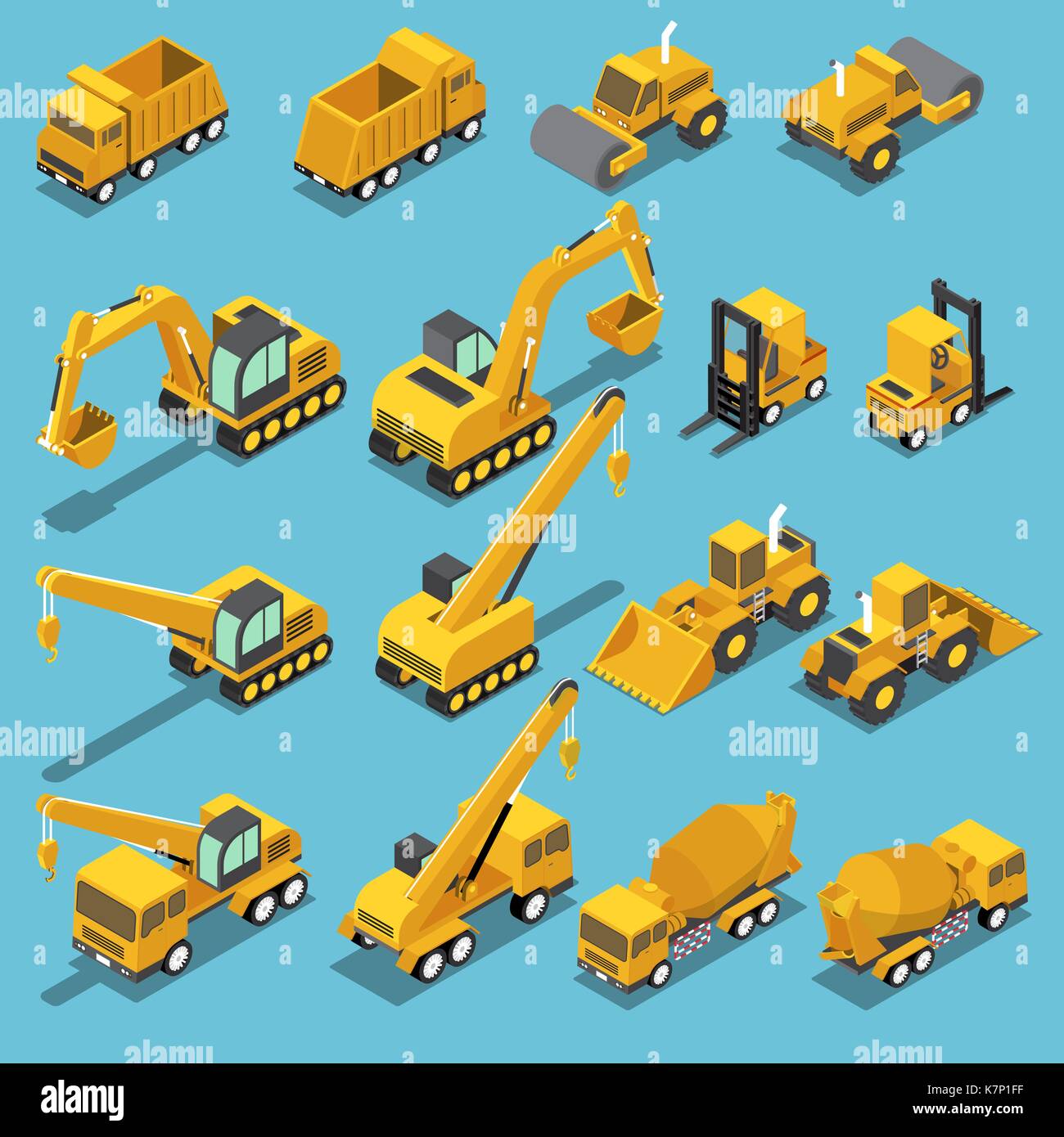 Appartamento 3D isometrica di costruzione trasporti icon set includono escavatore, gru livellatrici, betoniera carrello, rullo stradale, un carrello elevatore a forche, bulldozer Illustrazione Vettoriale