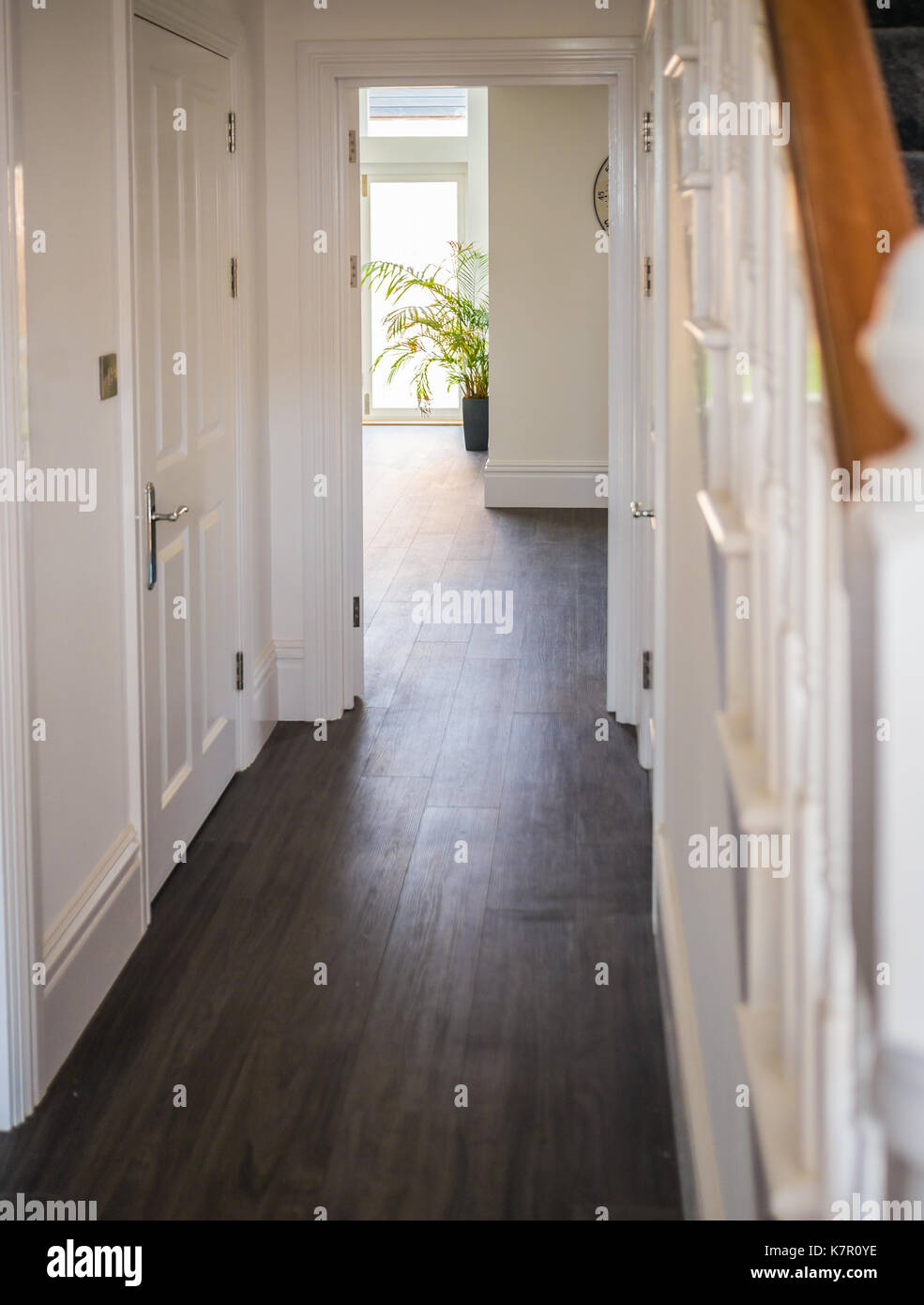 La luce naturale illumina il laminato di pavimenti in legno di un modo hall in una casa residenziale interni. Le pareti sono di colore bianco, la ringhiera e scale cas Foto Stock
