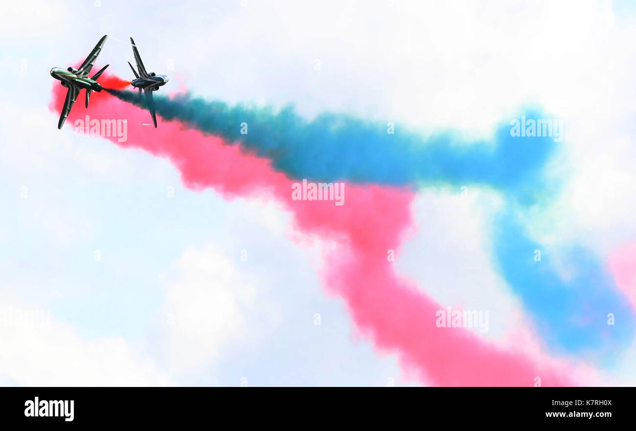 Pechino, Belgio. Decimo Sep, 2017. piani di Arabia hawks team effettuano durante il quarantesimo international sanicole airshow leopoldburg in Belgio, sept. 10, 2017. Credito: wang xiaojun/xinhua/alamy live news Foto Stock