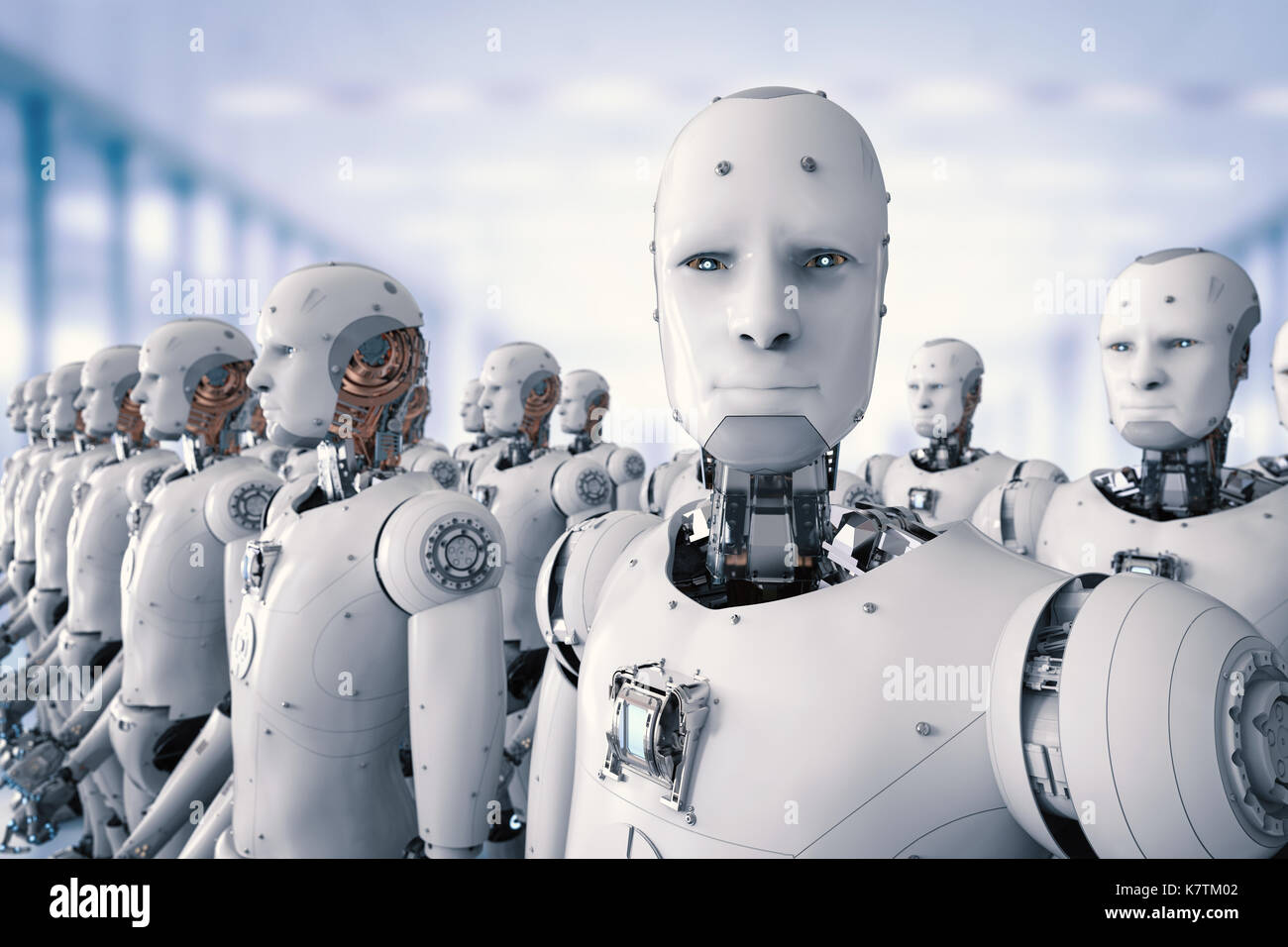 Rendering 3d'esercito di robot o di un gruppo di cyborg in fabbrica Foto  stock - Alamy
