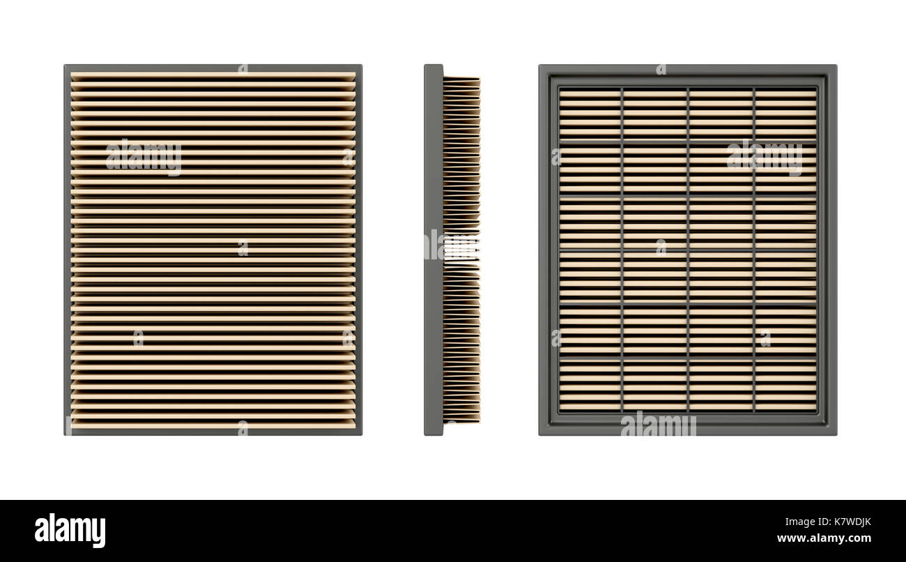 Anteriore, laterale e posteriore di una vettura di filtro aria, isolati su sfondo bianco Foto Stock