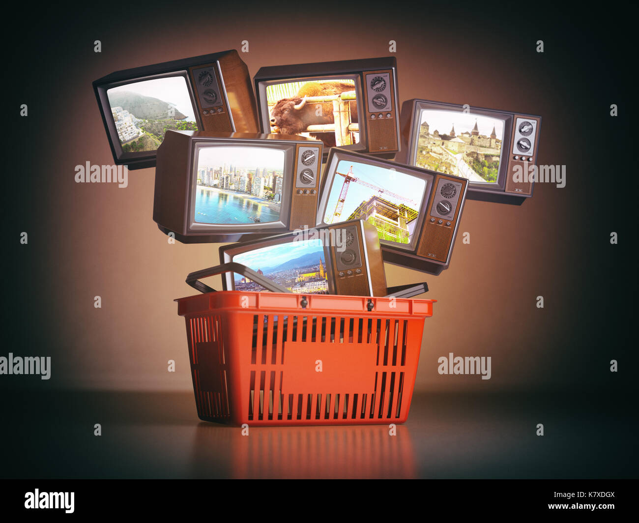 Staffa di shopping e vecchi televisori con canali diversi su schermi. pubblicità canali tv concetto. 3d illustrazione Foto Stock