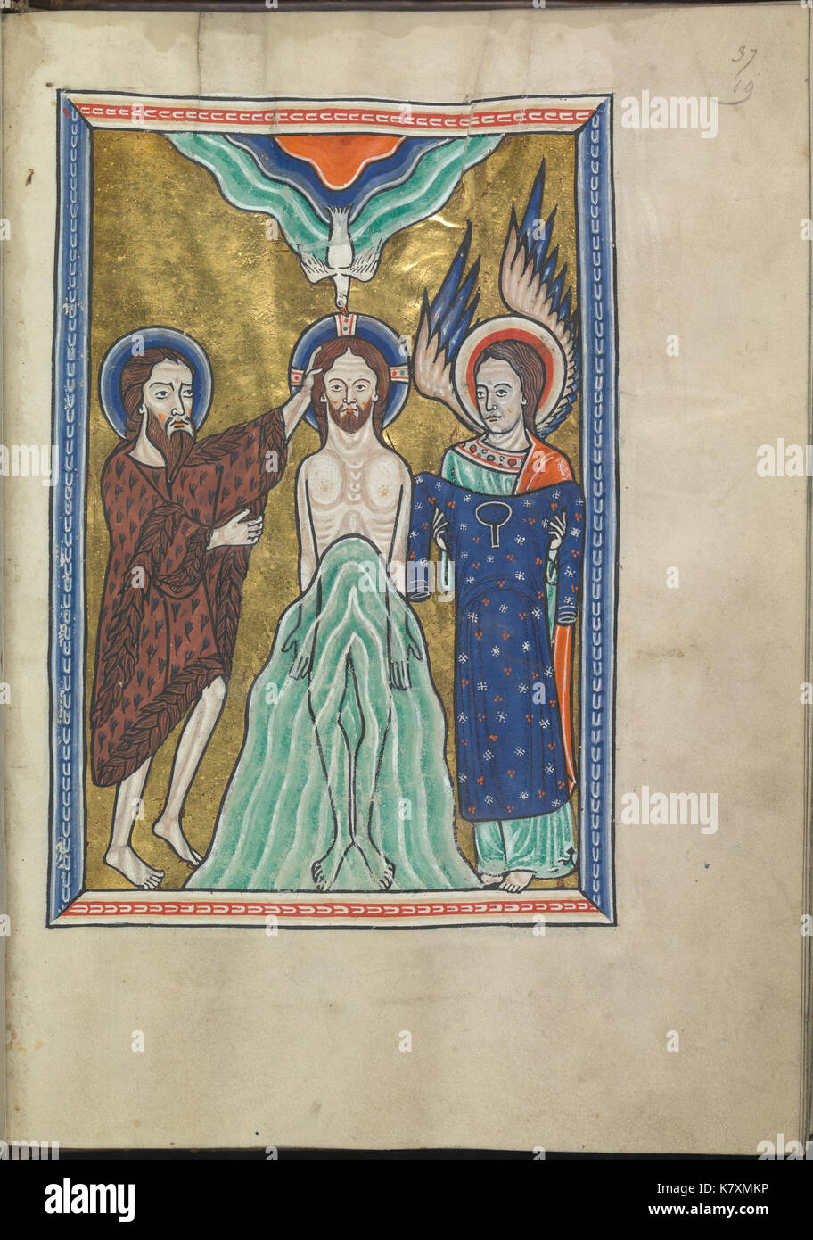 Le immagini della vita di Cristo il battesimo di Cristo da parte di San Giovanni Battista, un angelo detiene il Cristo la veste Salterio di Eleonora di Aquitania (ca. 1185) KB 76 F 13, folium 019r Foto Stock