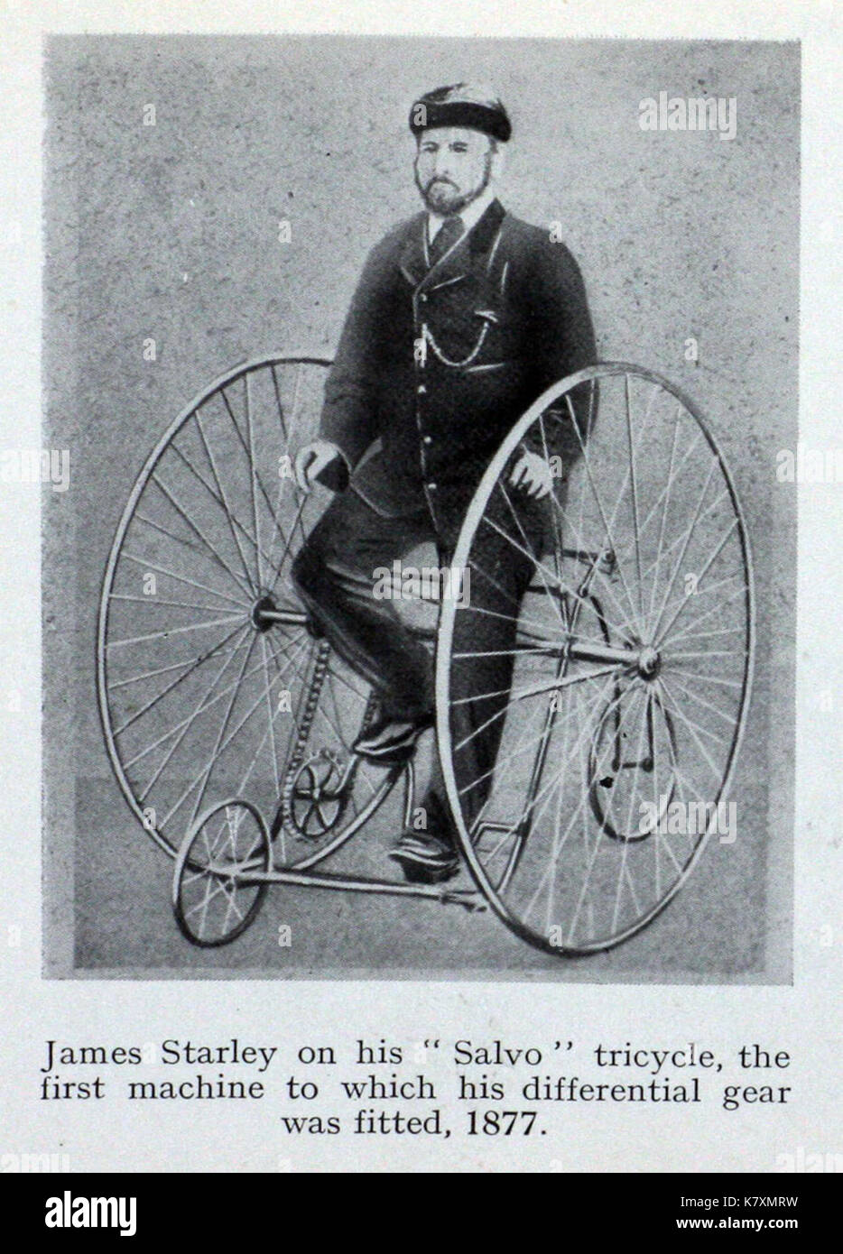 James Starley sul suo 'Salvo' triciclo 1877 Foto Stock