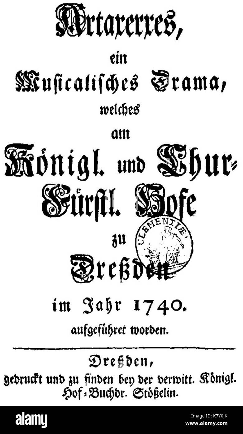 Johann Adolph Hasse Artaserse titlepage del libretto Dresda 1740 Foto Stock