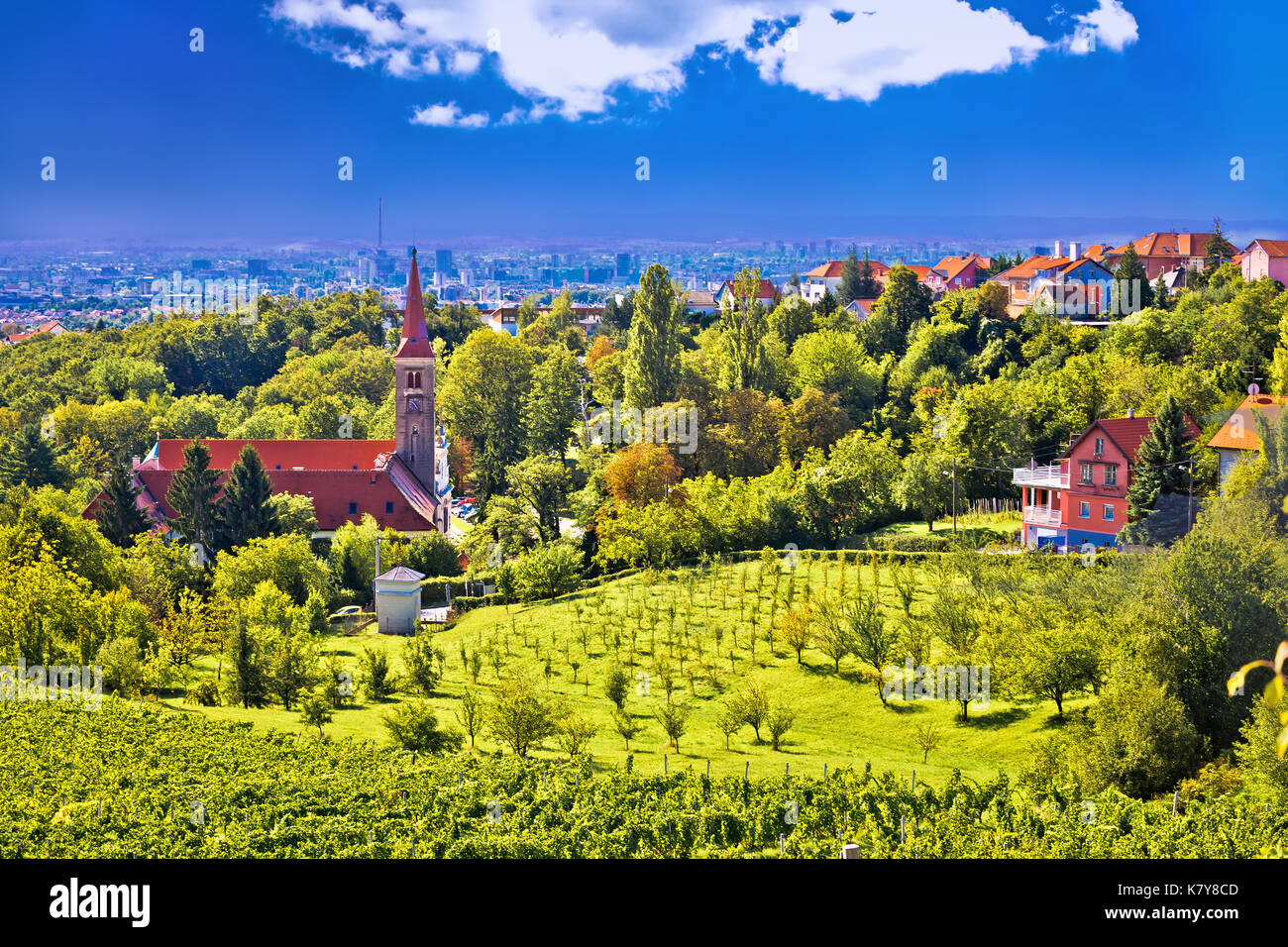 Chiesa e vigna sul verde collina sopra la capitale croata Zagabria, remete, Croazia Foto Stock
