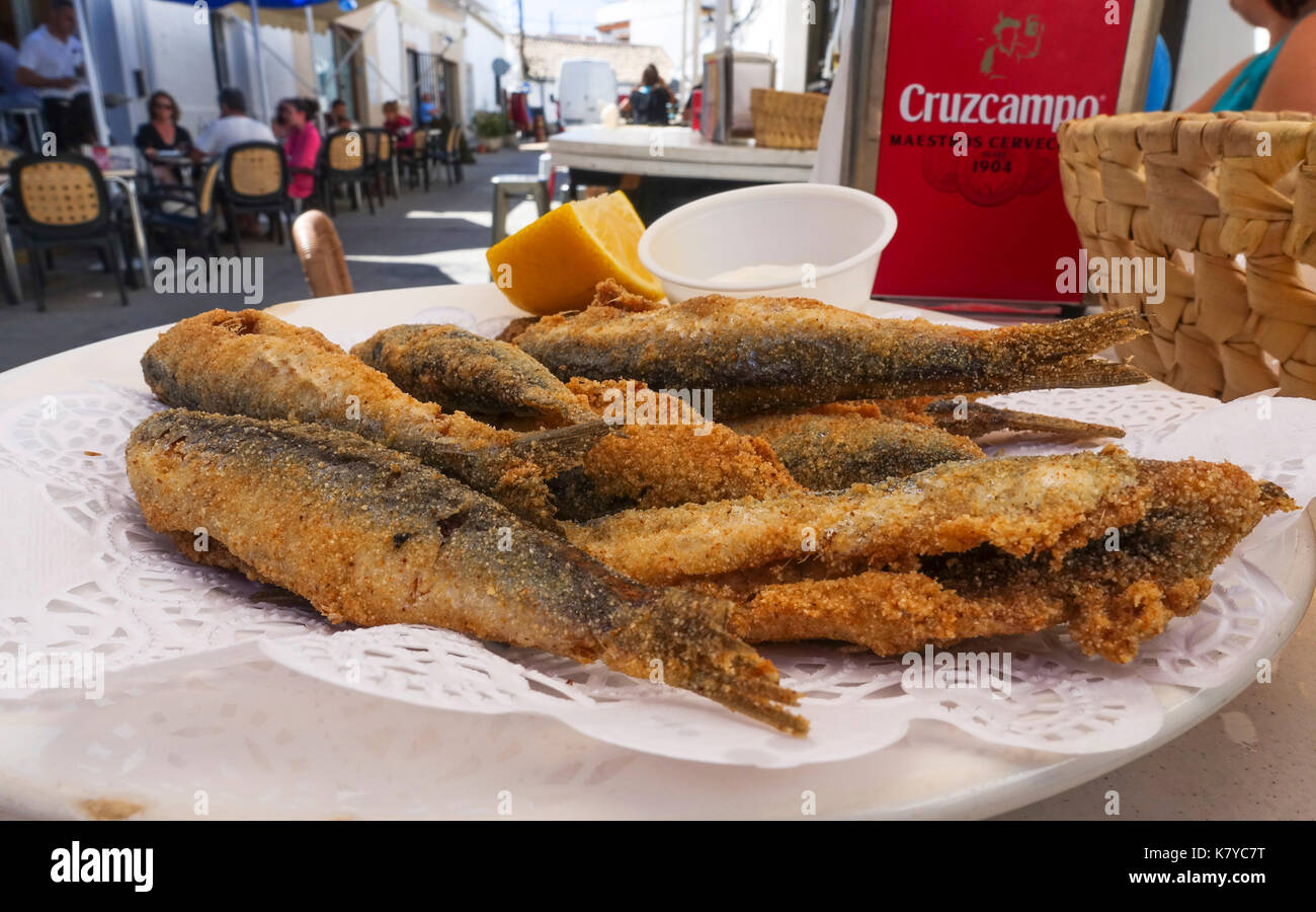 Pesce piccolo fritto, frittos boquerones, acciughe in pastella e fritte tipiche della Spagna Foto Stock