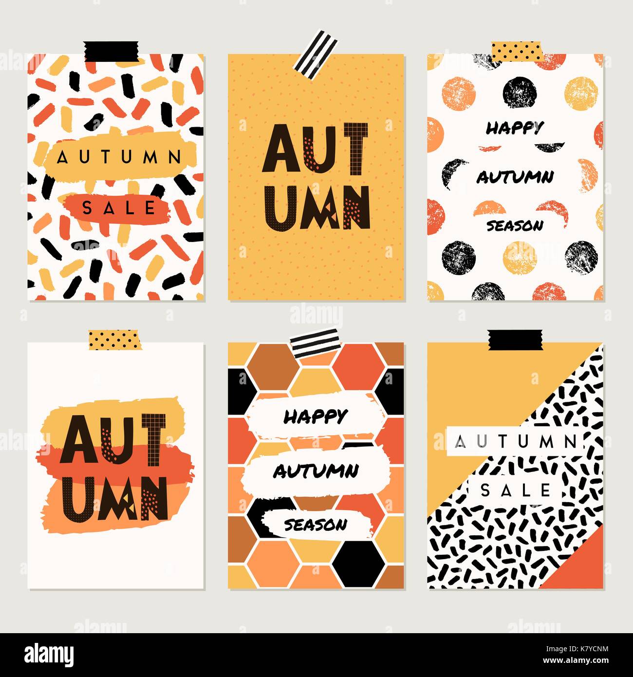 Un set di sei abstract autunno progetta in giallo, rosso, marrone, bianco e arancione. Poster, brochure o un biglietto di auguri di modelli con un testo di esempio. Illustrazione Vettoriale