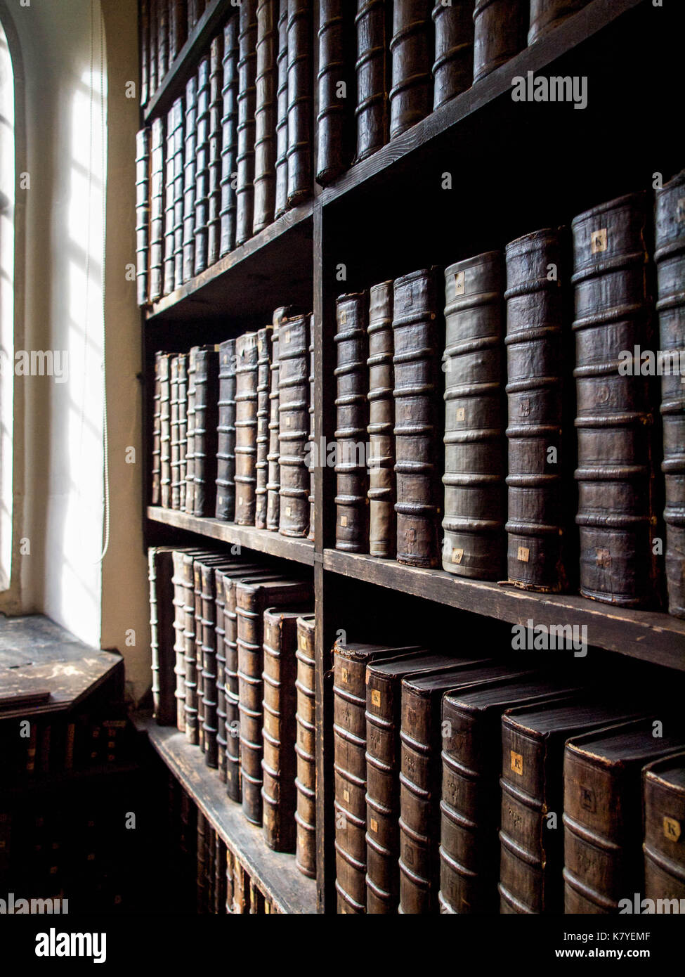 Libri rilegati in pelle nella vecchia biblioteca Foto Stock