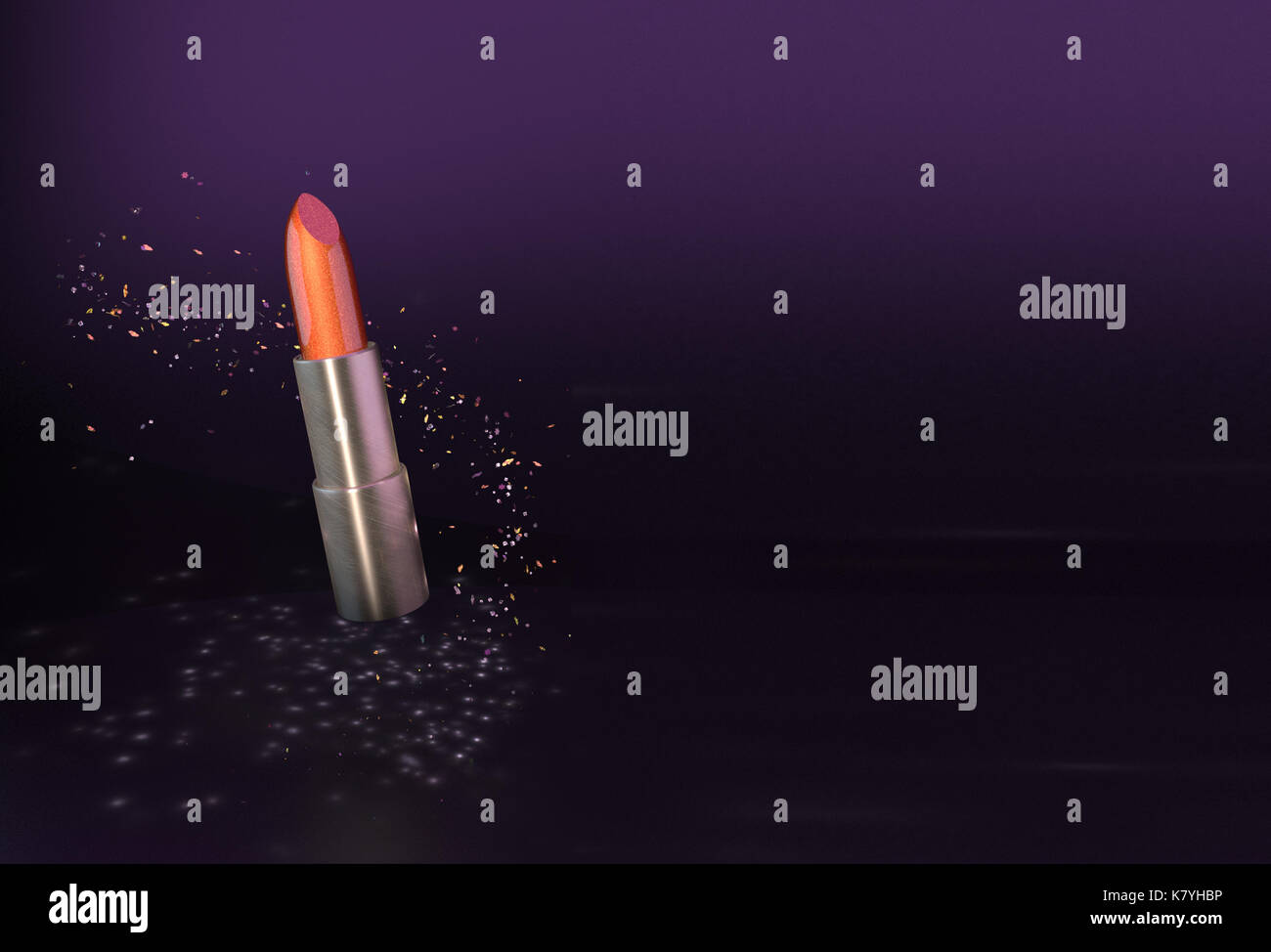 Glittery rossetto arancione scuro sul lussuoso sfondo viola con particelle intorno ad esso Foto Stock