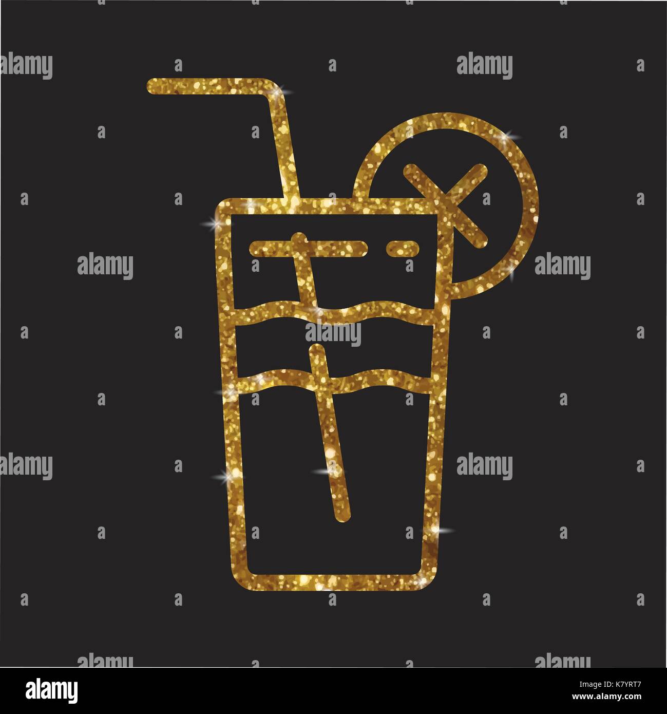 Il golden glitter bicchiere di succo di frutta freddo bevanda icona piatta Illustrazione Vettoriale