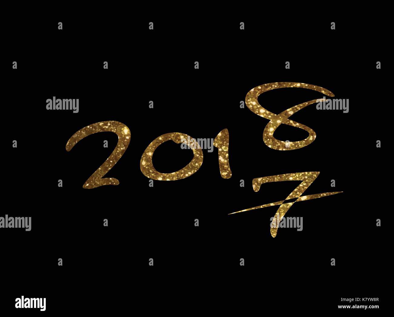 Il golden glitter isolato la scrittura a mano font word anno dal 2017 al 2018 Illustrazione Vettoriale