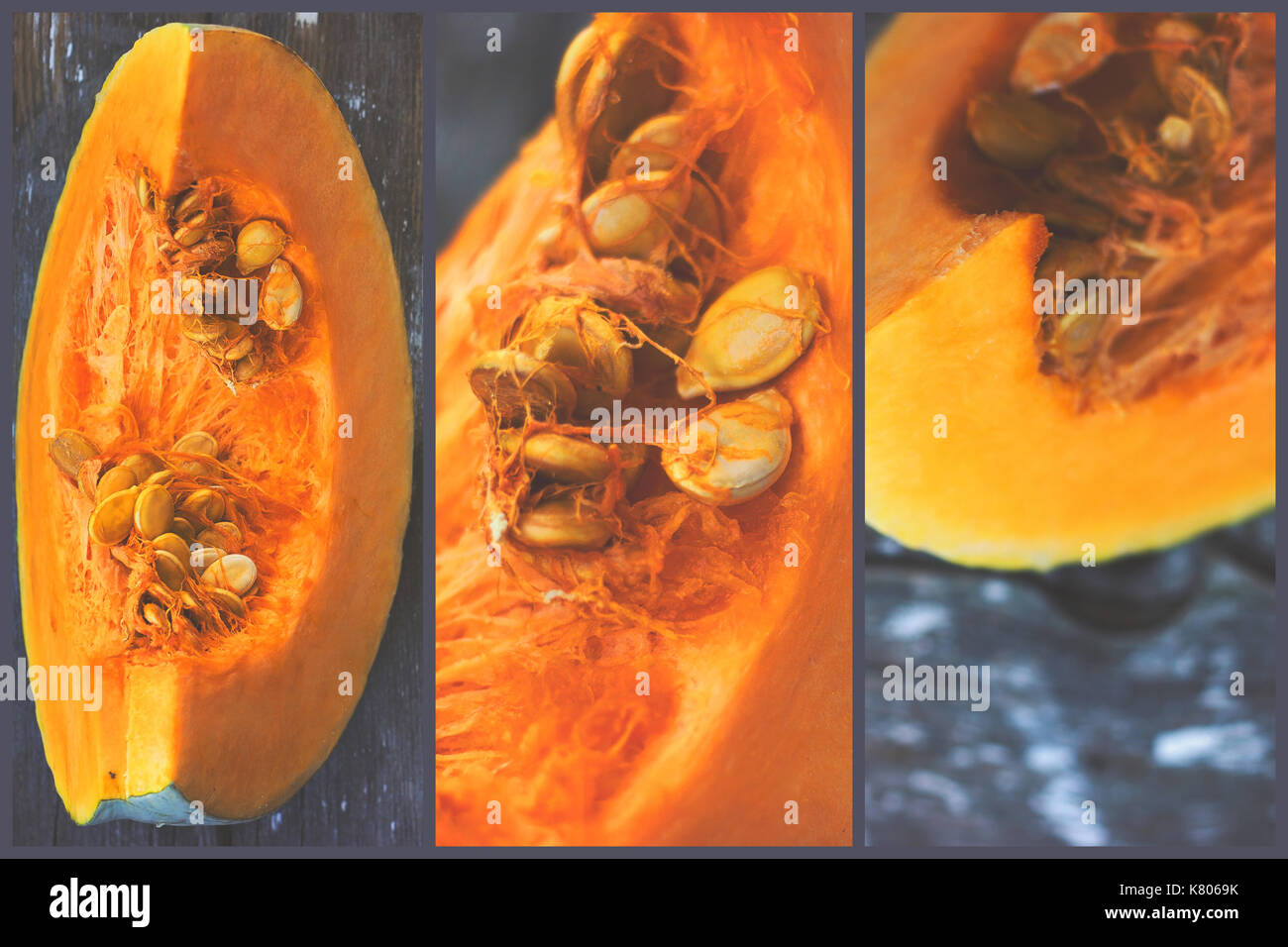 Trittico - materia prima fetta di zucca su sfondo di legno; cucina decorazione Foto Stock