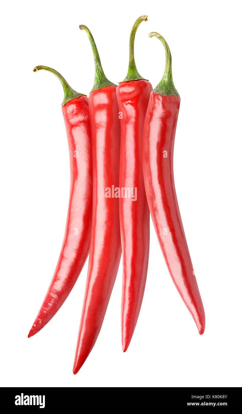 Peperoni isolato. mazzetto di red hot chili peppers isolato su sfondo bianco con tracciato di ritaglio Foto Stock