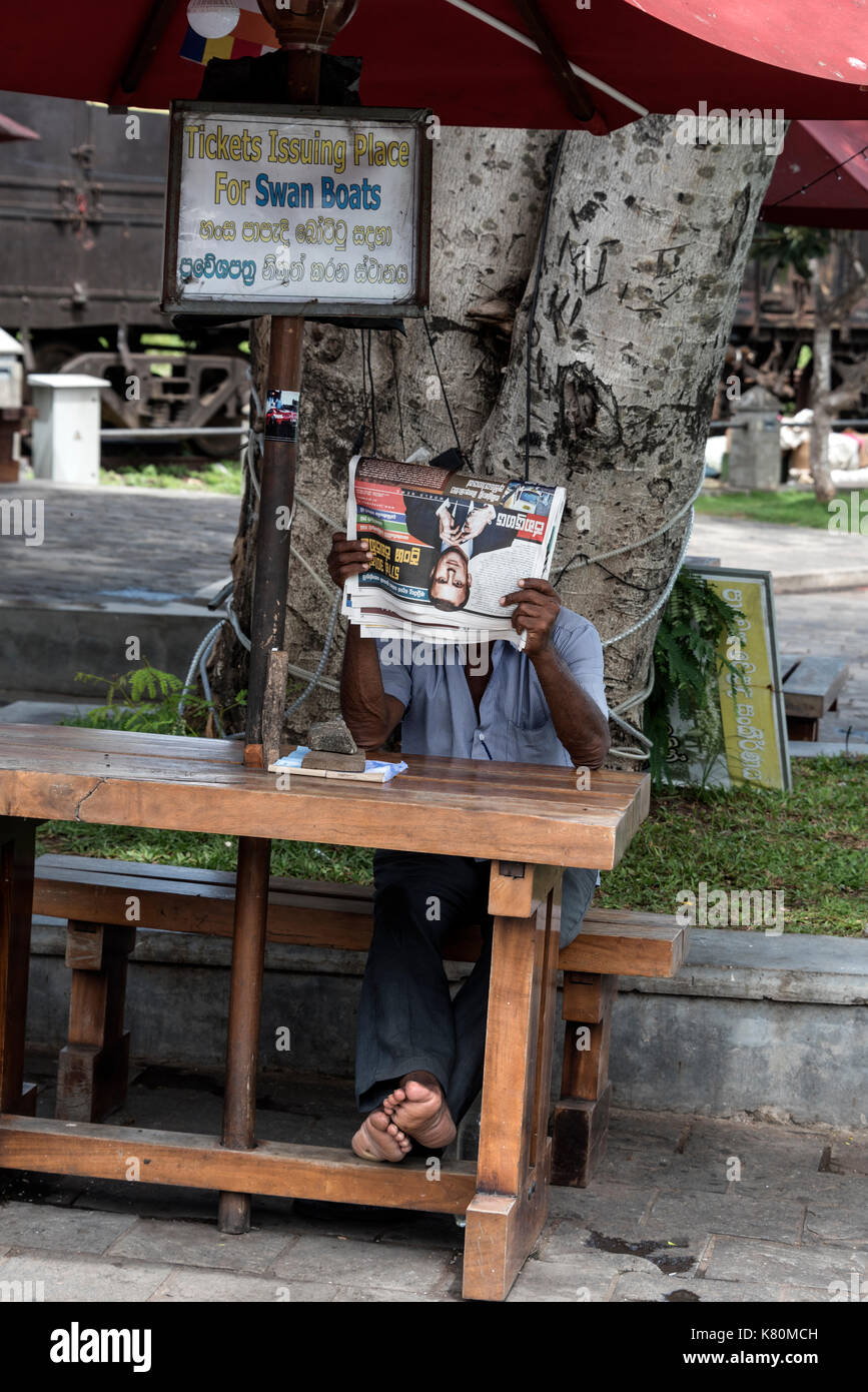 Barche swan proprietario trova il tempo di leggere il suo giornale locale al suo swan noleggio barca stand pettah mercato galleggiante è situato in Pettah, un quartiere in Foto Stock