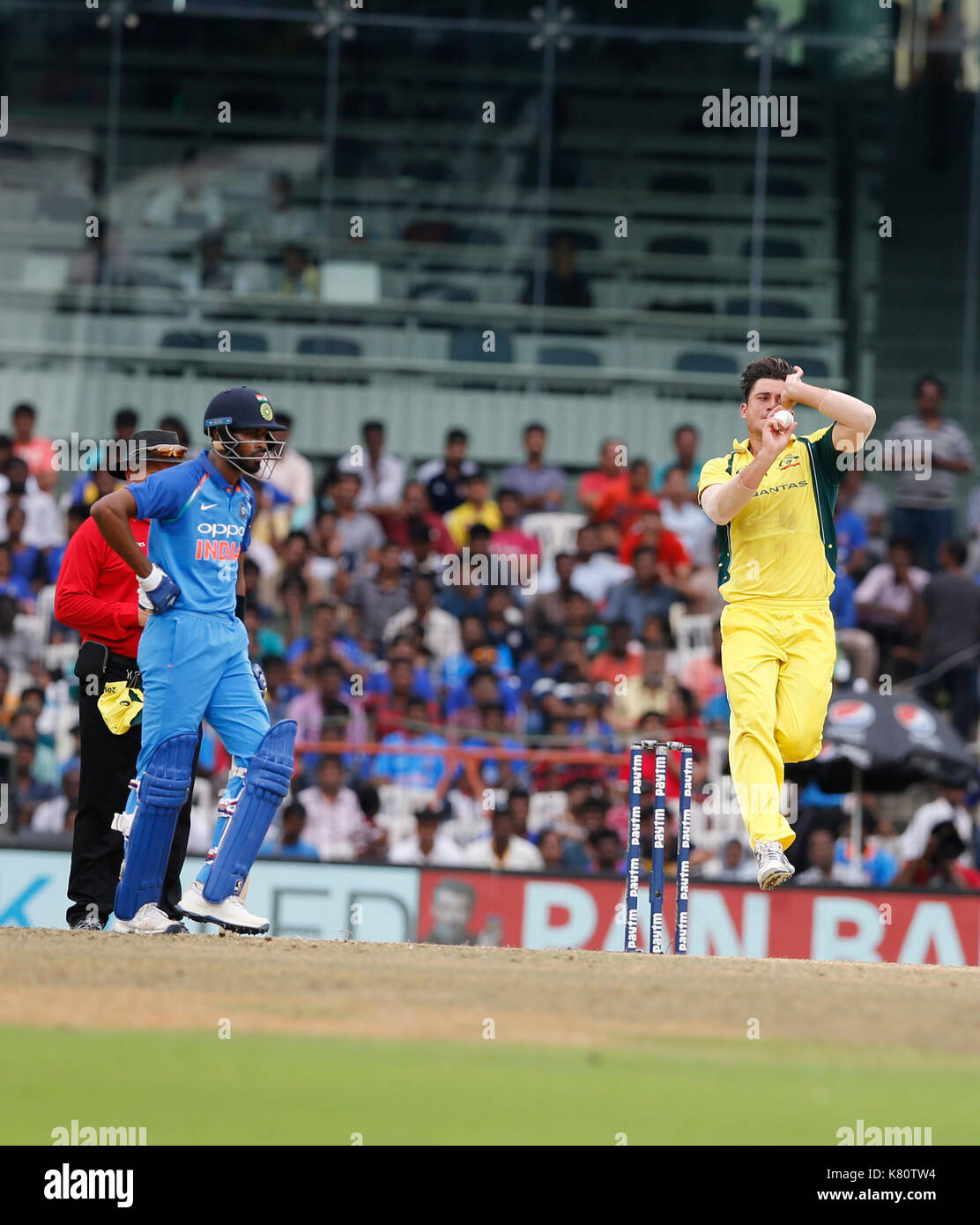 Chennai, India, xvii sep 2017. L'australiano bowler mp stoinis in bowling azione durante il 1° odi contro l'india a chennai il 17 settembre 2017. seshadri sukumar Foto Stock