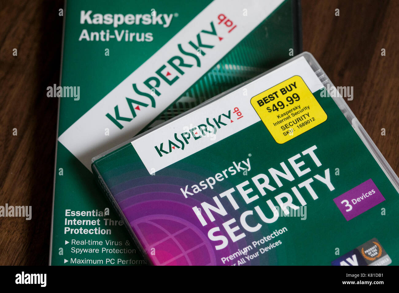 Kaspersky Lab internet security e anti-virus prodotti software. il russo software maker è venuto sotto esame per il suo stretto legame con la Russia Foto Stock