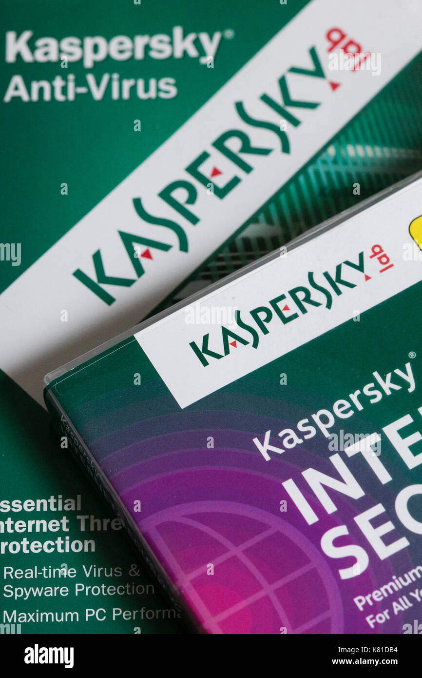 Kaspersky Lab internet security e anti-virus prodotti software. il russo software maker è venuto sotto esame per il suo stretto legame con la Russia Foto Stock