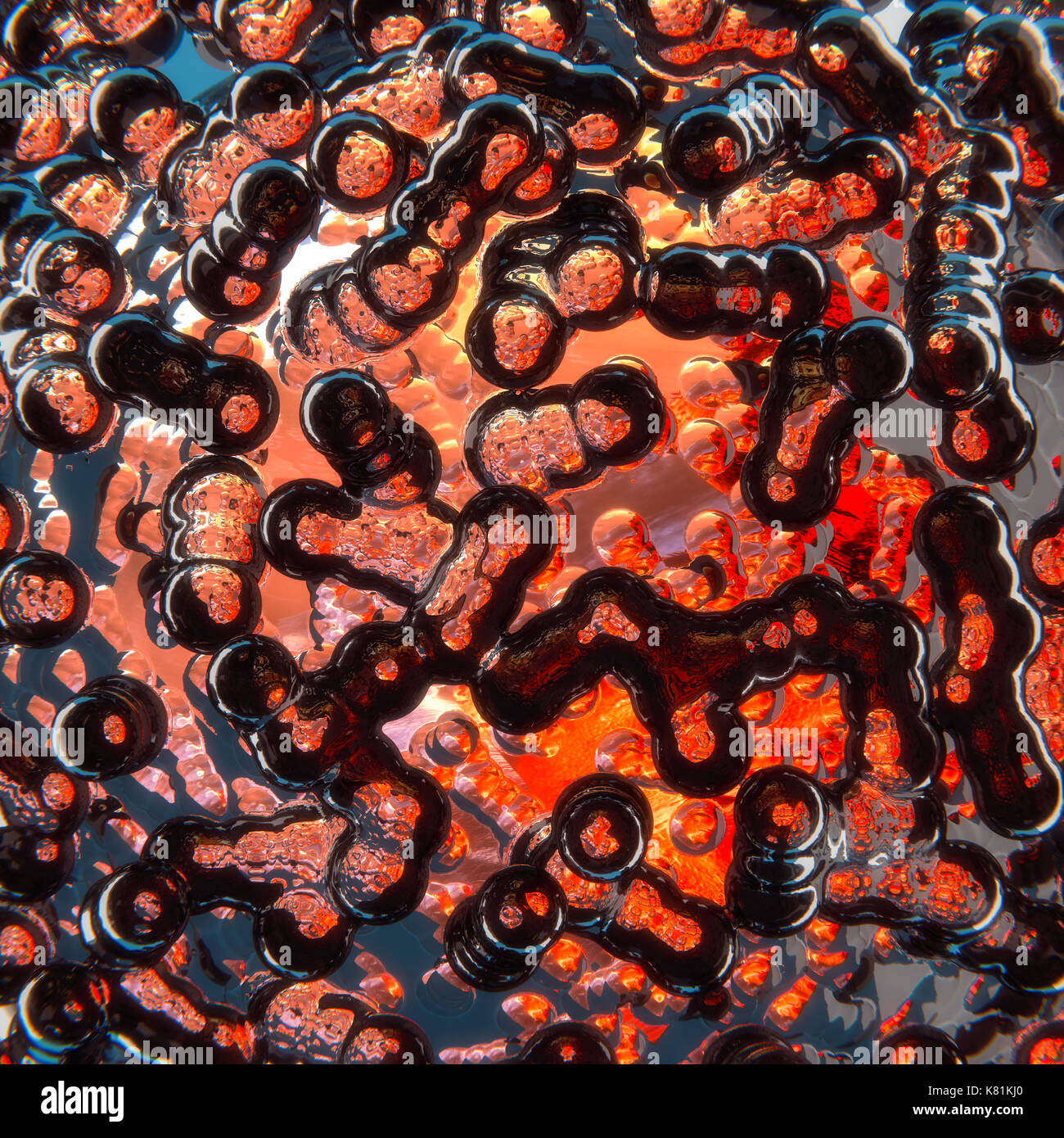 Nero Rosso bolle nel minerale caldo eruzione di lava Foto Stock