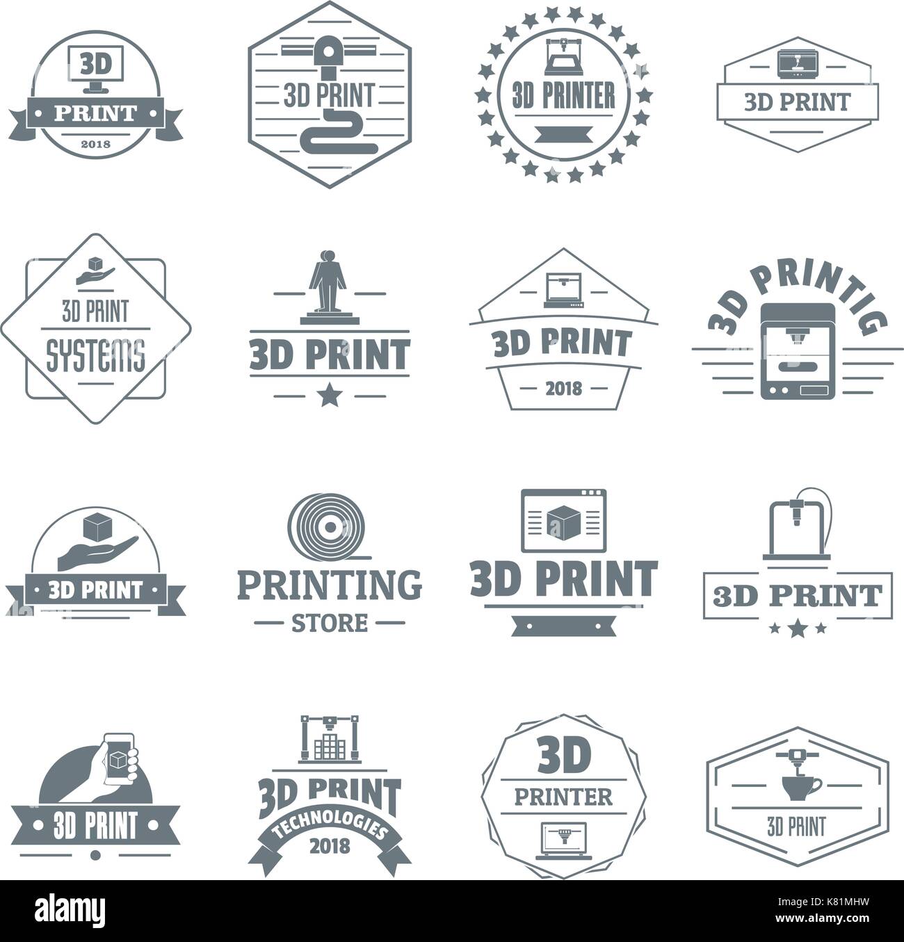 3d stampa logo set di icone, stile semplice Illustrazione Vettoriale