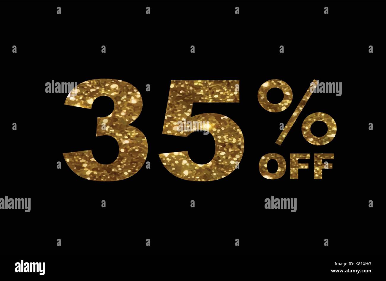 Il vettore luxury golden glitter trenta cinque sconto percentuale parola testo su sfondo nero Illustrazione Vettoriale