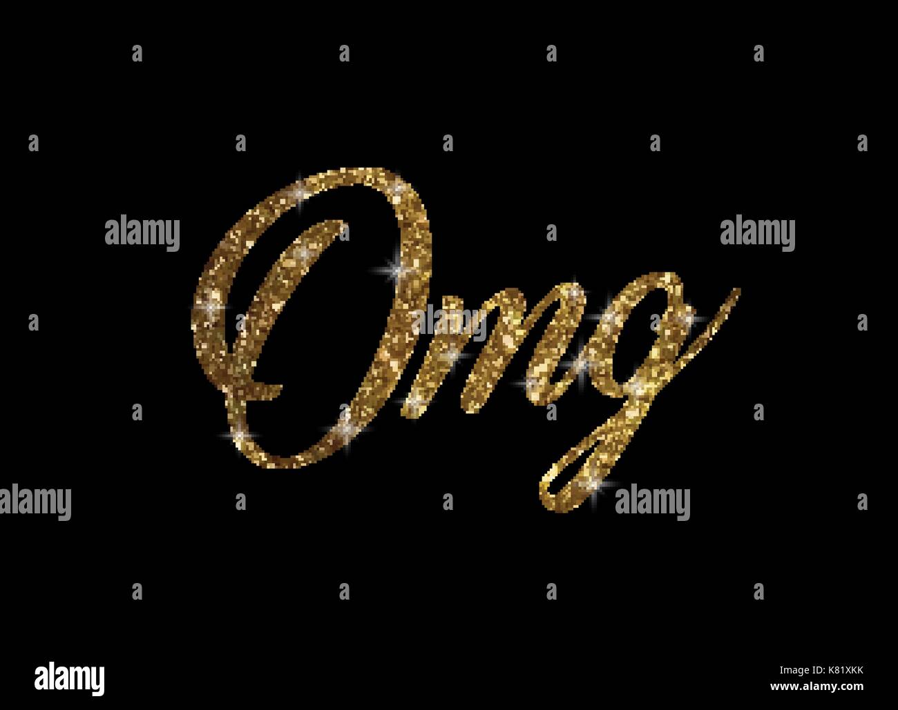 Il golden glitter isolato la scrittura a mano parola omg su sfondo nero Illustrazione Vettoriale