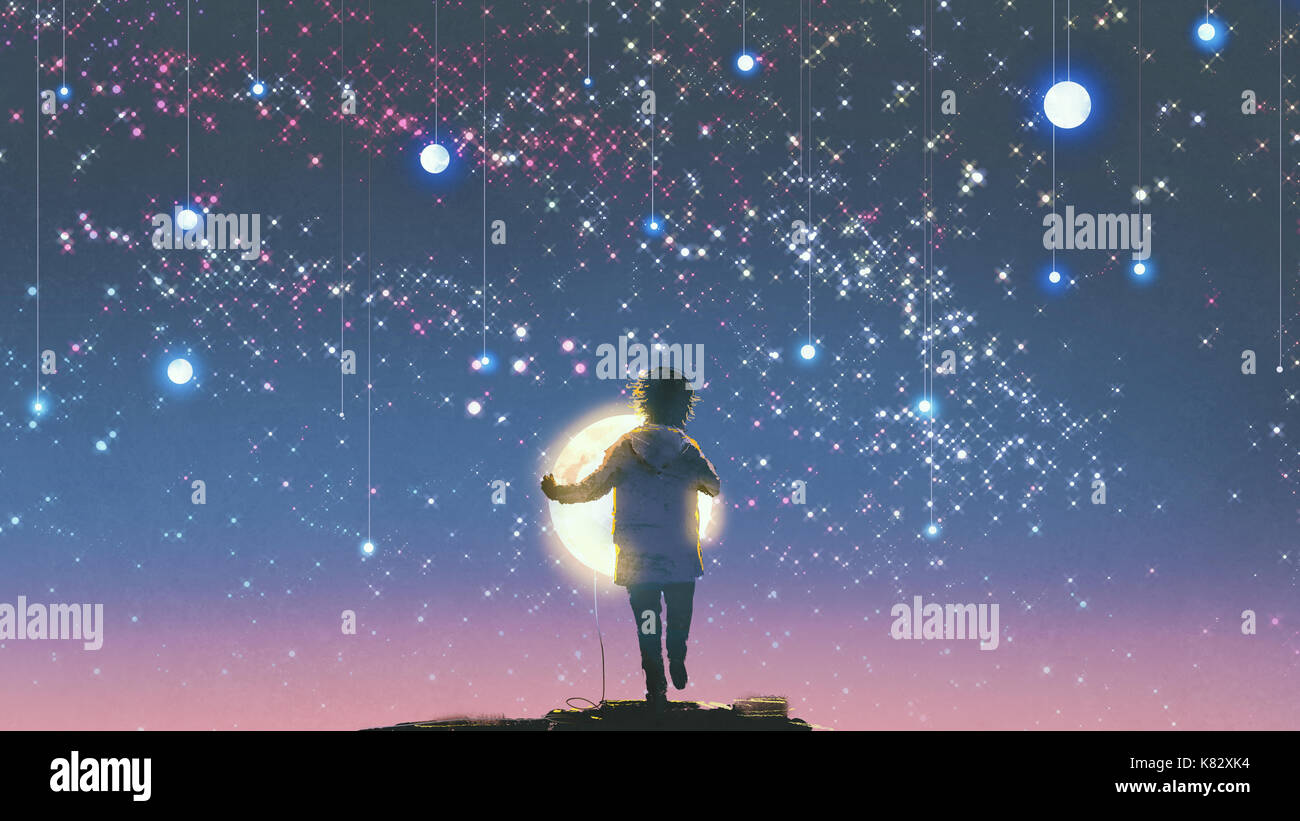 Il ragazzo tenendo incandescente luna in piedi contro appeso stelle nel bellissimo cielo, arte digitale stile, illustrazione pittura Foto Stock