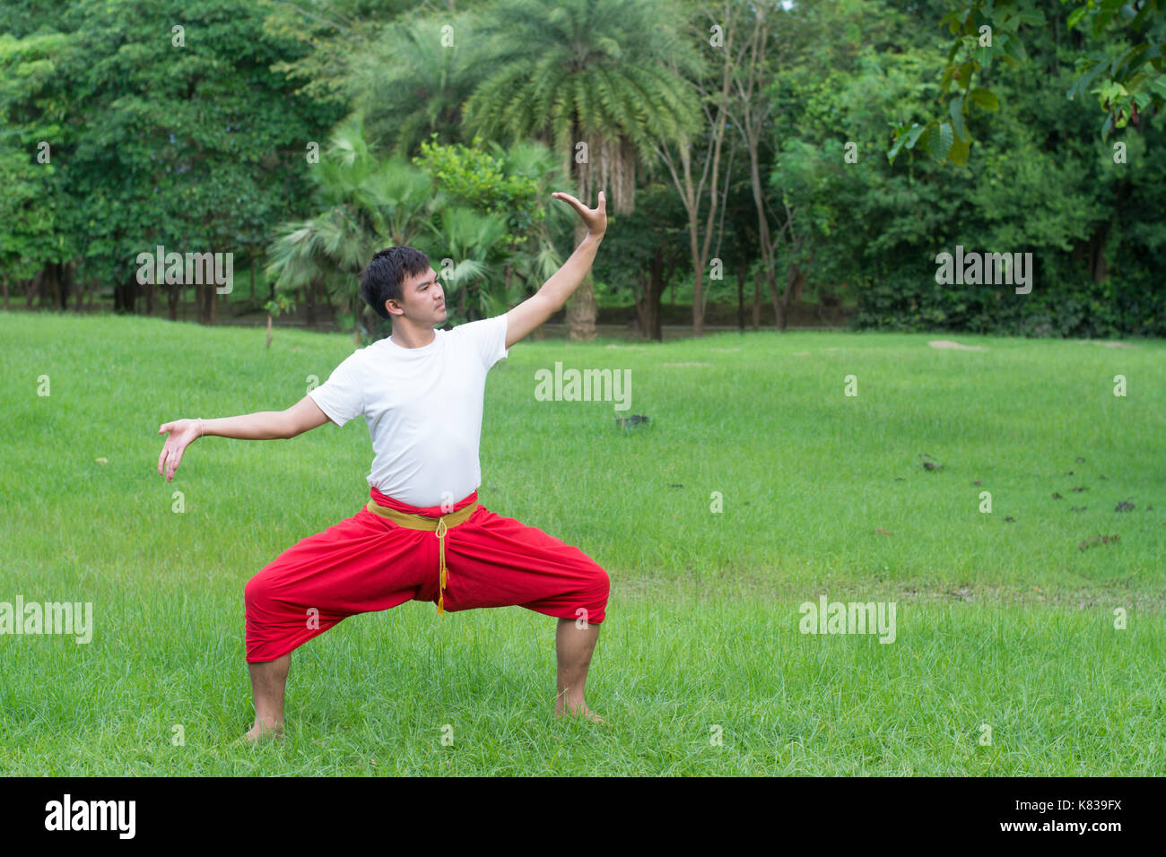Asian giovane ragazzo danza thailandese. la danza classica in maglia bianca rosso perizoma, dimostrare la danza nel giardino. Foto Stock