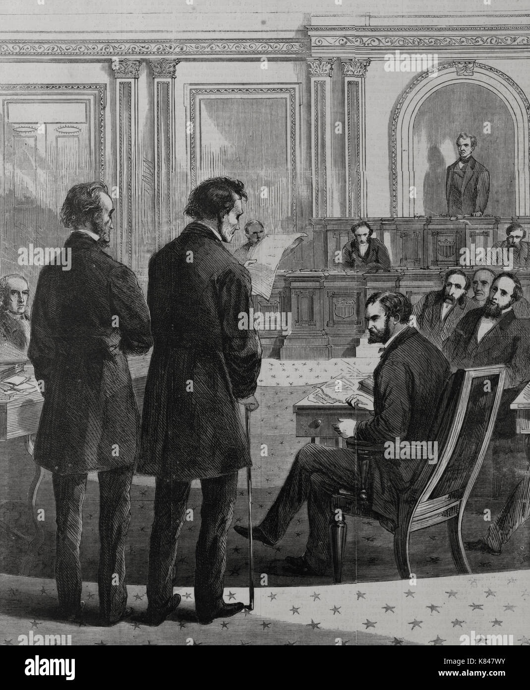 Impeachment - Thaddeus Stevens e John A. Bingham prima del Senato, 1868 Foto Stock