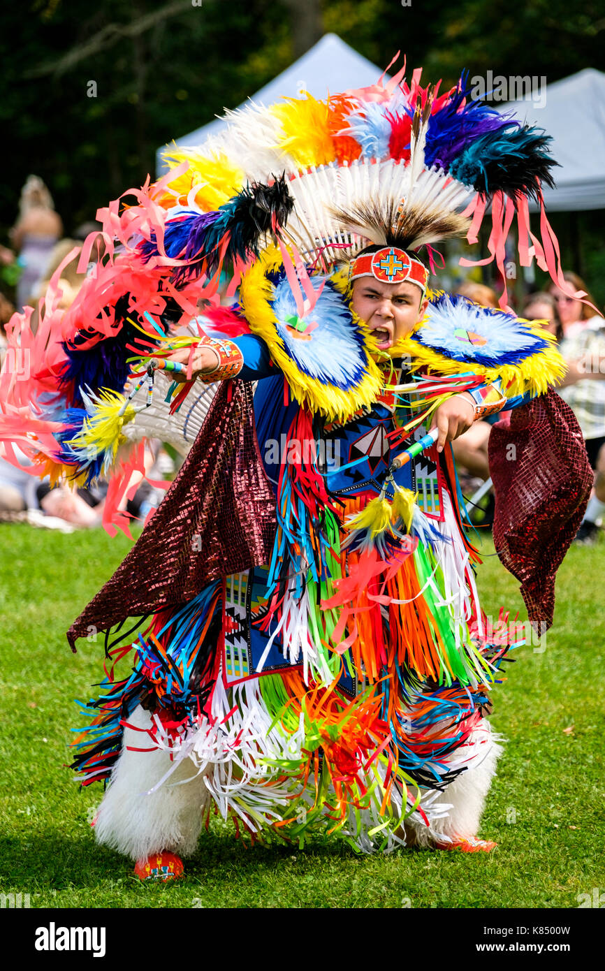 Canada indigeno, ragazzo delle prime Nazioni fantasioso ballerino esecuzione della danza erba con regalia colorata durante un Pow Wow, Londra, Ontario, Canada Foto Stock