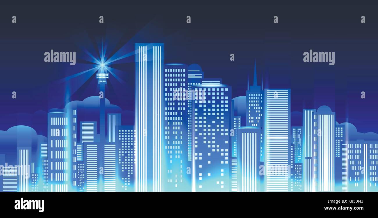 Di notte le luci della città panorama. vettore di sera al tramonto la città come New York o Londra per grandi città scena dello stile di vita Illustrazione Vettoriale
