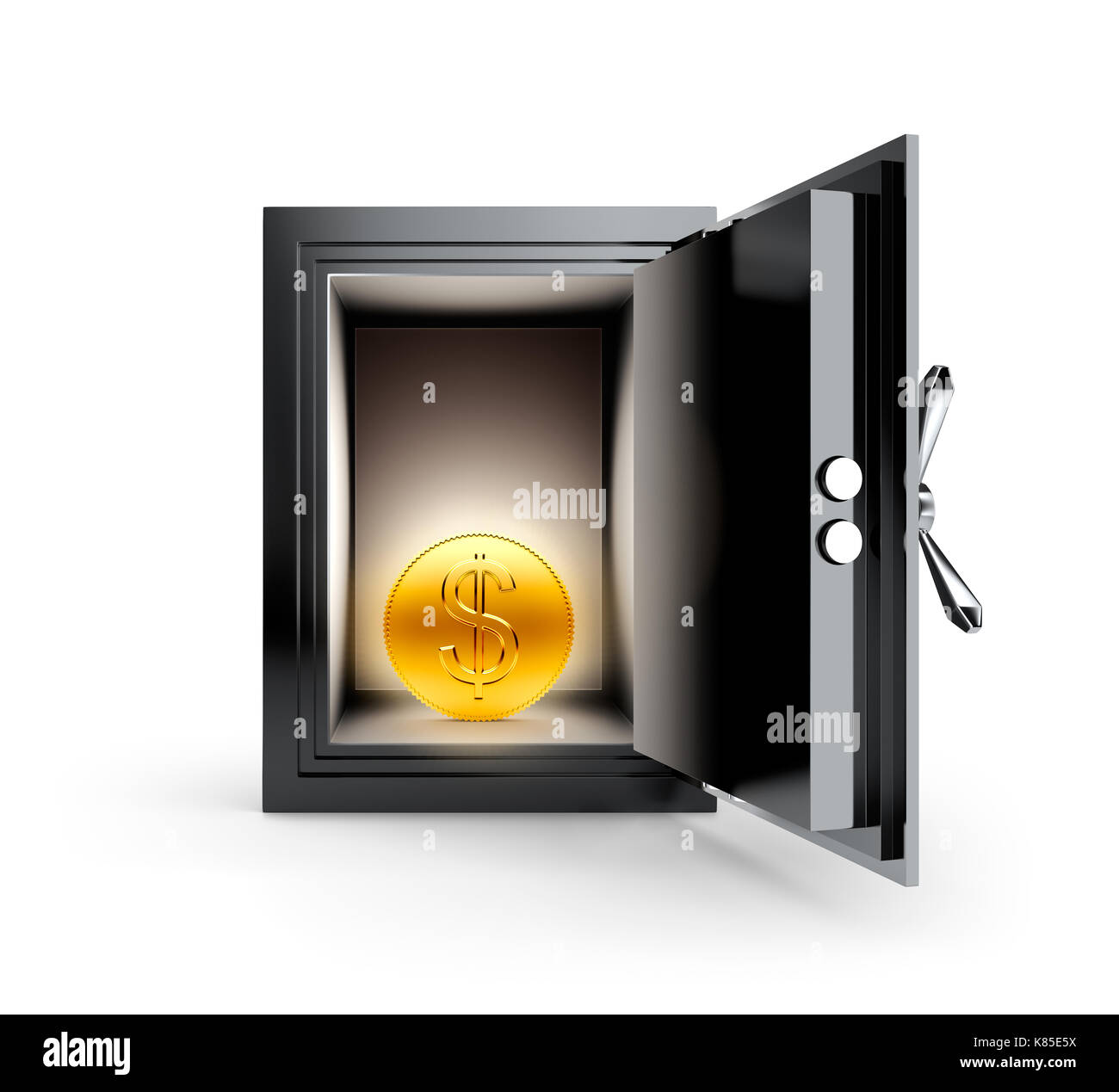 Moneta in oro con il simbolo del dollaro nella cassetta di sicurezza Foto Stock