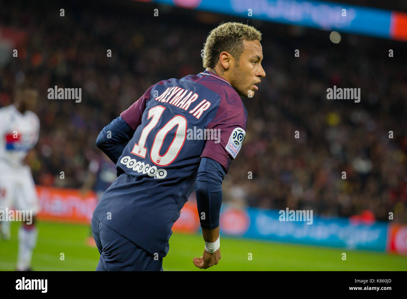 Neymar Jr. durante il French Ligue 1 partita di calcio tra Paris Saint Germain (PSG) e Olympique Lyonnais (OL) presso il Parc des Princes. Il 17 settembre 2017 a Parigi, Francia Foto Stock