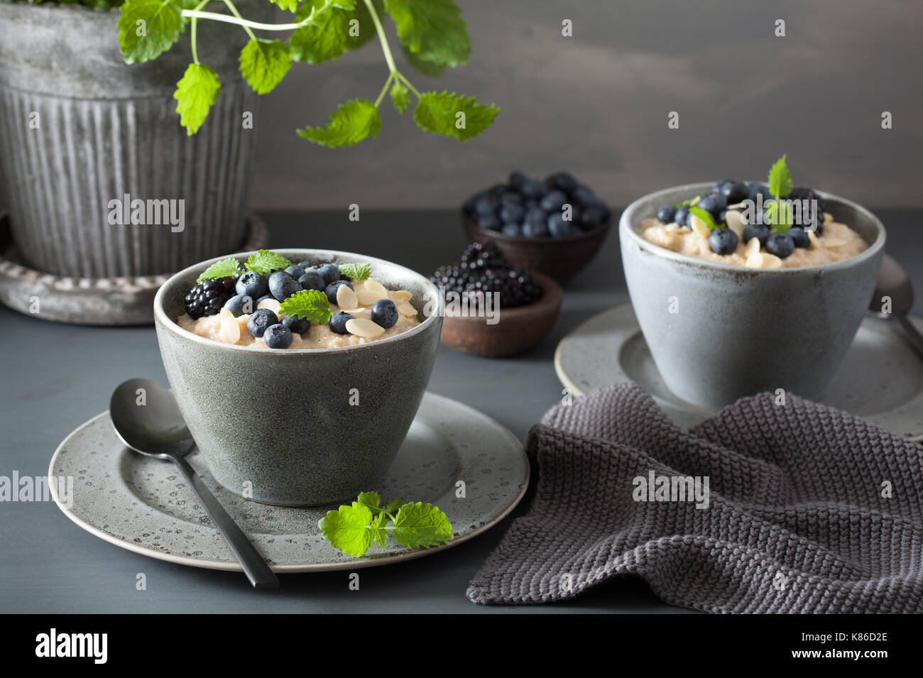 Sana colazione acciaio tagliati i fiocchi d'avena porridge con mirtillo blackberry Foto Stock