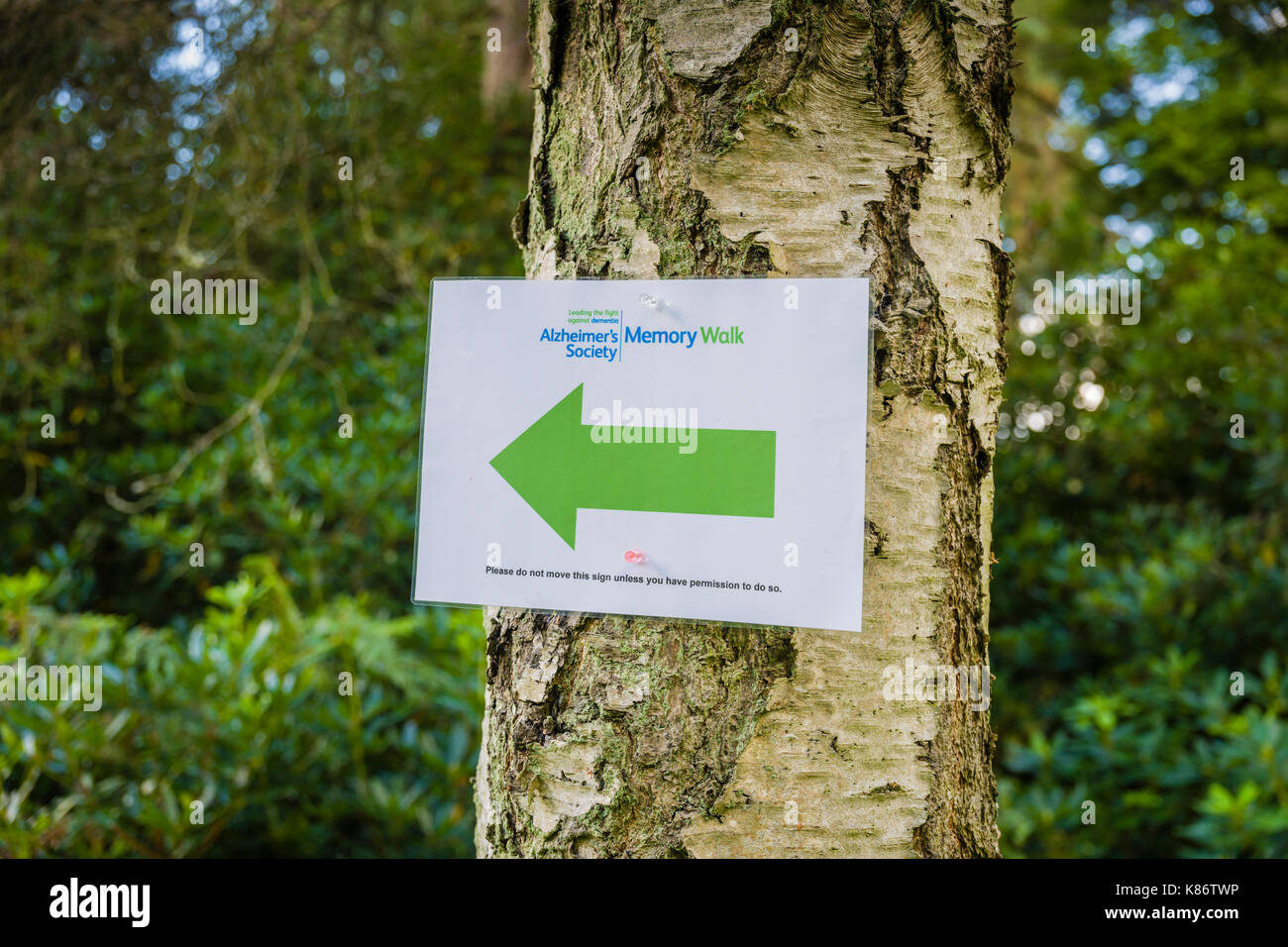 Tenuta reale di Sandringham, Norfolk. Cartello di Alzheimers Memory Walk sul sentiero. Foto Stock