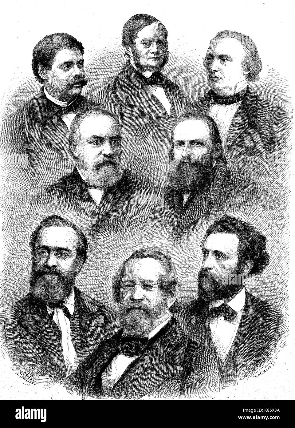 Gli editori di giornali di Berlino, Germania, Steinitz, Beutner, Schmidt, ottone, Kletke, Weiss, Zabel, Stettenheim, 1880, digitale migliorata la riproduzione di un originale woodprint dal XIX secolo Foto Stock