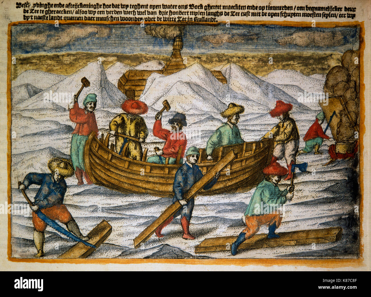 William Mare di Barents e il suo equipaggio intrappolati nell'Artico durante la loro terza spedizione del 1596. Guidati dal navigatore olandese ed esploratore William Mare di Barents Foto Stock